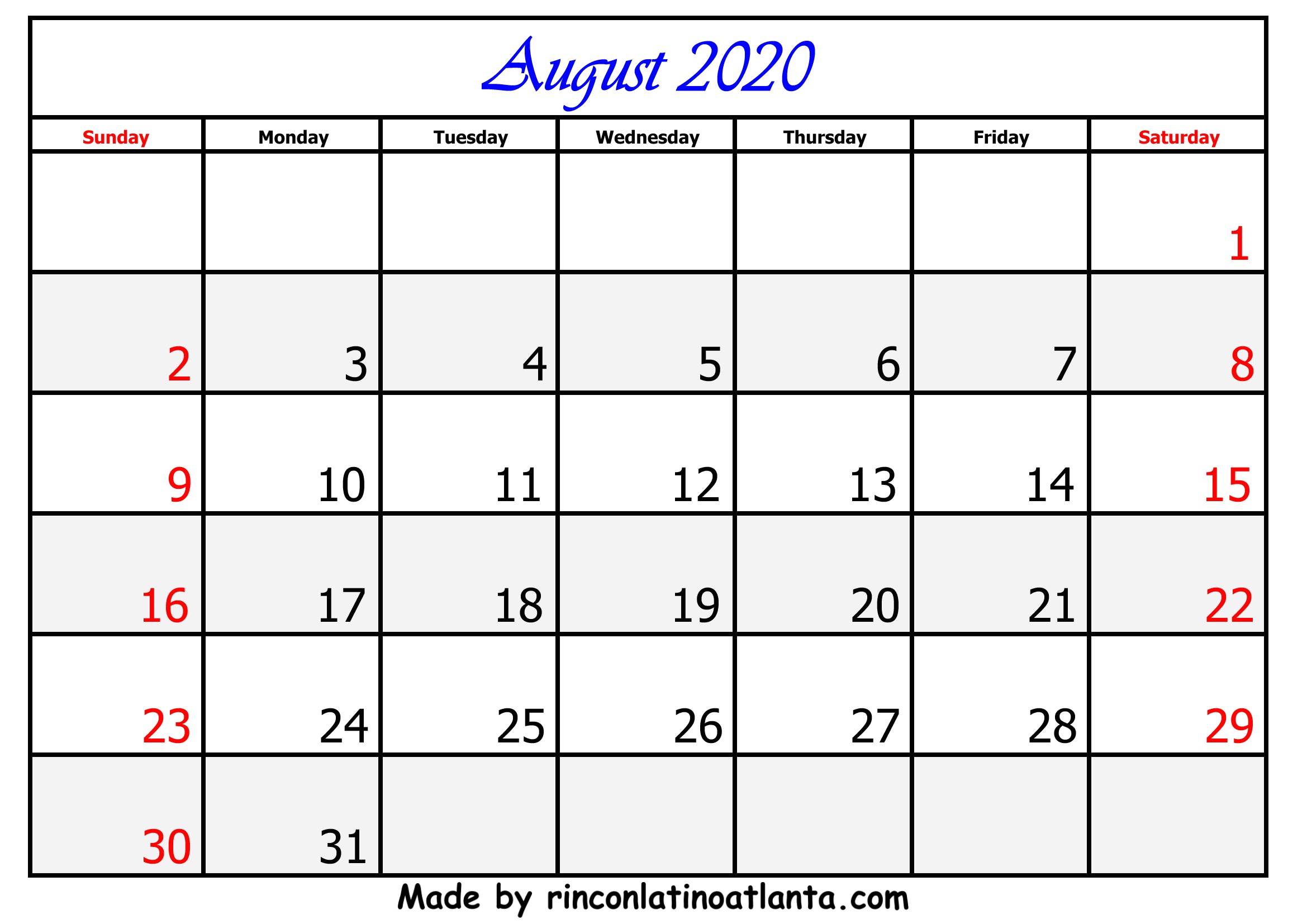 12 Month Calendar Template 2020 Calendar