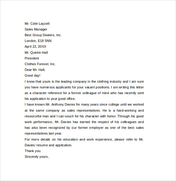 9 Character Reference Letter Samples Examples Templates Sample