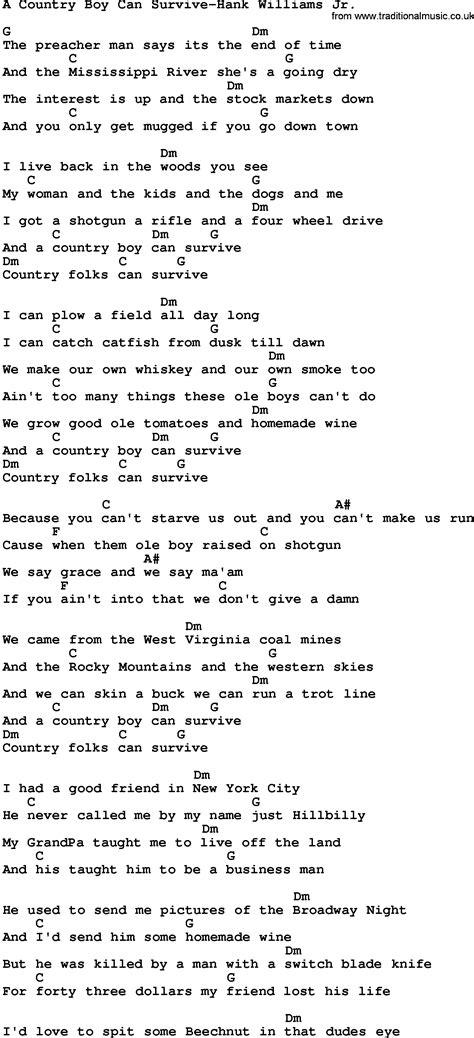 A Country Boy Can Survive Lyrics Chords Hank Williams Jr Country