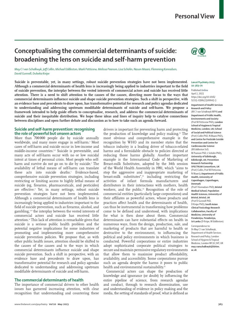 Applying A Commercial Determinants Perspective To Suicide And Self Harm