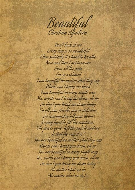 Beautiful By Christina Aguilera Vintage Song Lyrics On Parchment Mixed