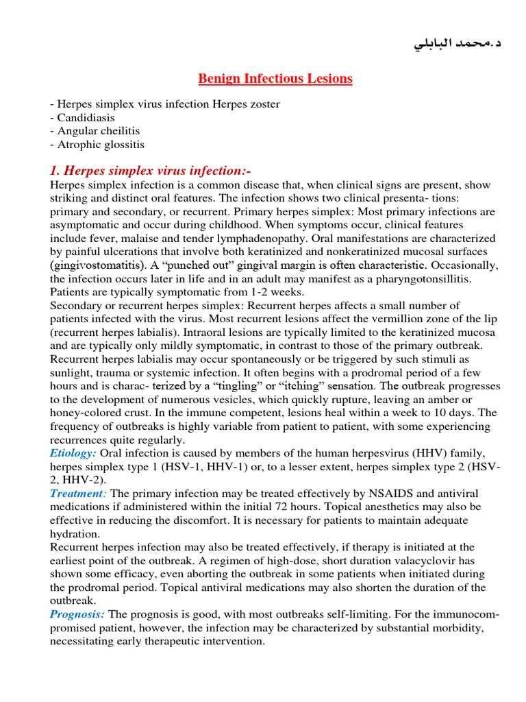 Benign Infectious Lesions Conditions Of The Oral Mucous Membrane