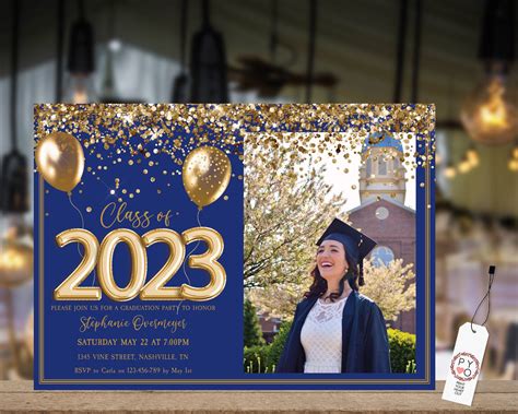 Editable Graduation Blue White Invitation 2023 With Pic Senior Etsy