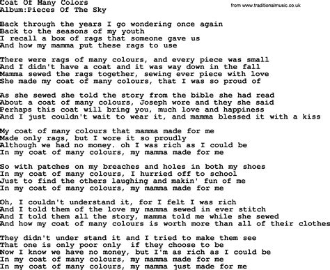 Emmylou Harris Song Coat Of Many Colors Lyrics