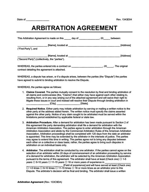 Free Arbitration Agreement Template Pdf Word