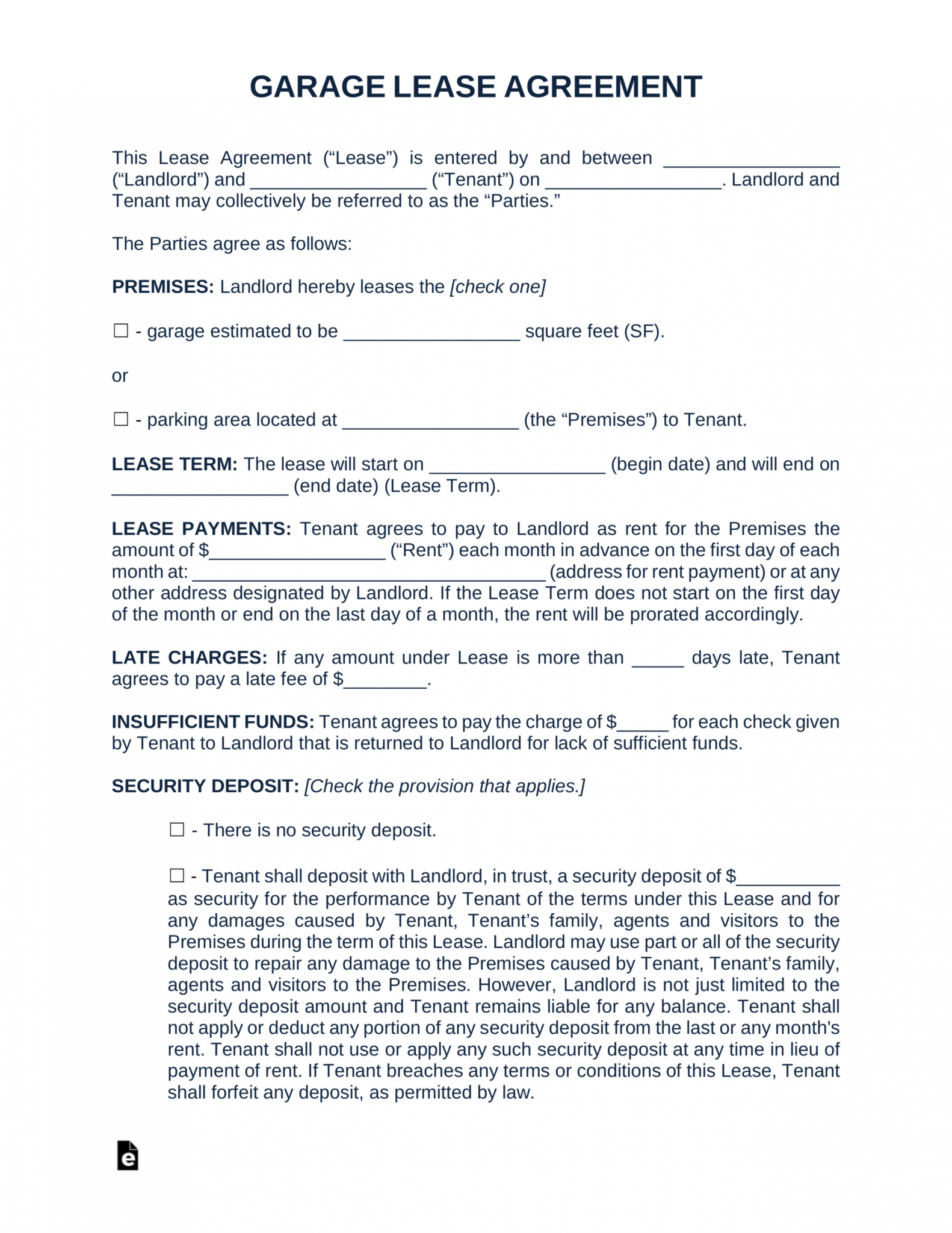 Free Garage Rental Agreement Form For Storage And Parking Formspal