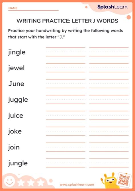 Handwriting Practice Letter J Words Printable Ela Worksheet