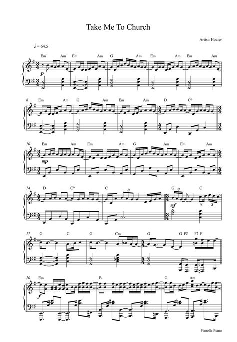 Hozier Take Me To Church Piano Sheet By Pianella Piano