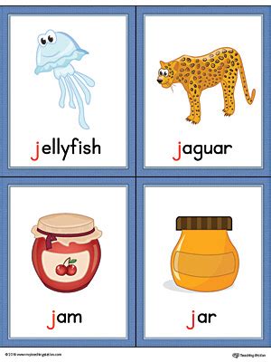 Letter J Words And Pictures Printable Cards Jellyfish Jaguar Jam