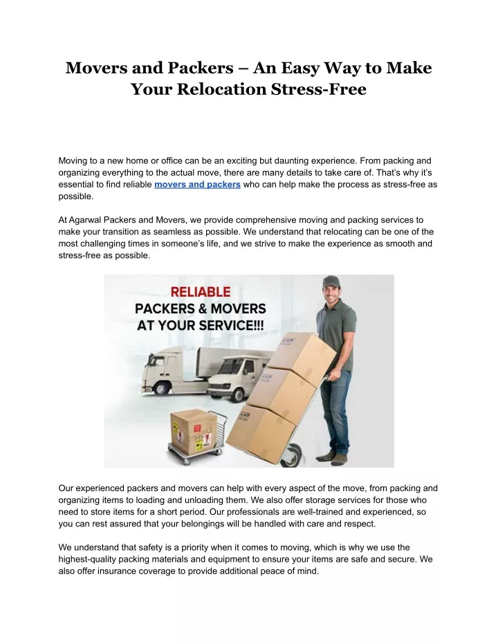 Movers And Packers An Easy Way To Make Your Relocation Stress Free By