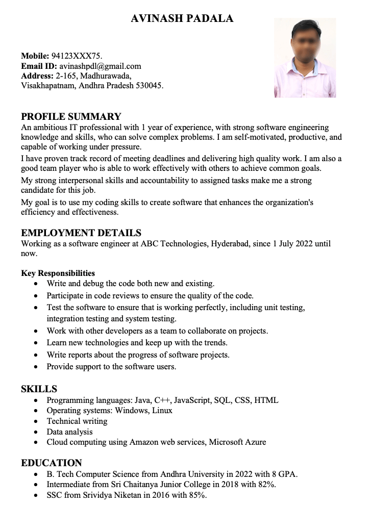 One Year Experience Resume Examples Word Format