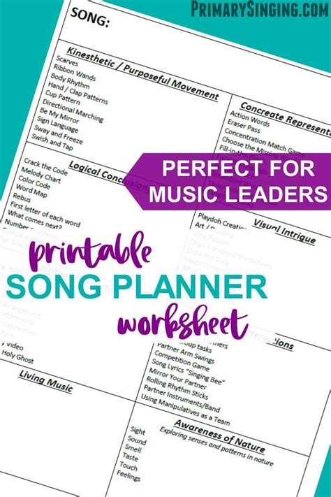 Primary Singing Time Song Planner Printable Primary Singing