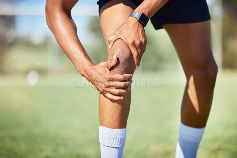 Sport Injury Knee And Fitness Soccer Field And Muscle With Pain