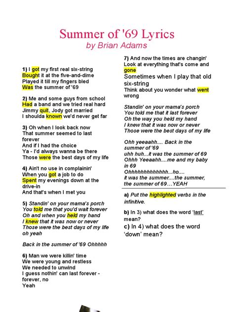 Summer Of 69 Lyrics By Brian Adams Pdf Morphology Semiotics