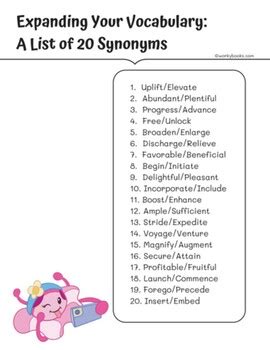 Synonyms List Expanding Vocabulary By Workybooks Tpt