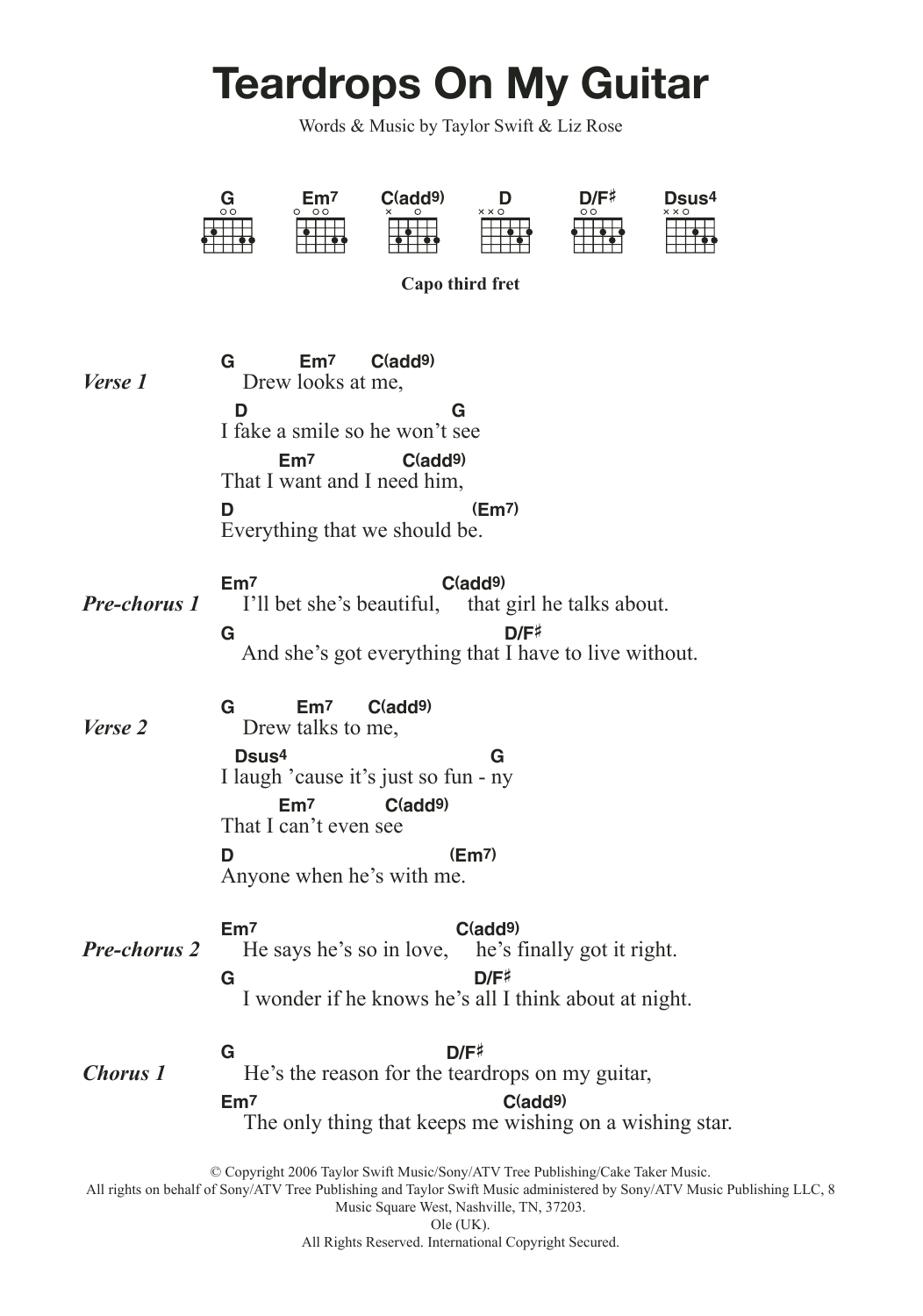 Teardrops On My Guitar By Taylor Swift Guitar Chords Lyrics Guitar