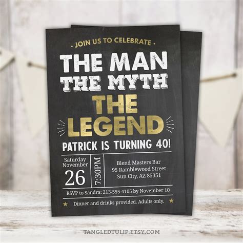 The Man The Myth The Legend Birthday Invitation Editable Gold Party