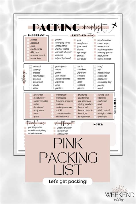 The Packing Checklist Is Shown In Pink And Blue